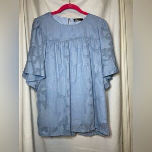 NWT Light Blue Floral Short Sleeve Blouse Top w/ Sheer Sleeves Loose Fit Size L